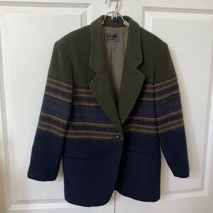 Vintage Daniel Hechter Blazer Womens Green Blue Stripe SW 80s Wool Blend